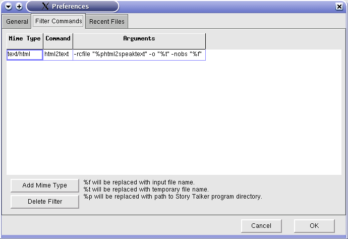 filter commands preferences screen